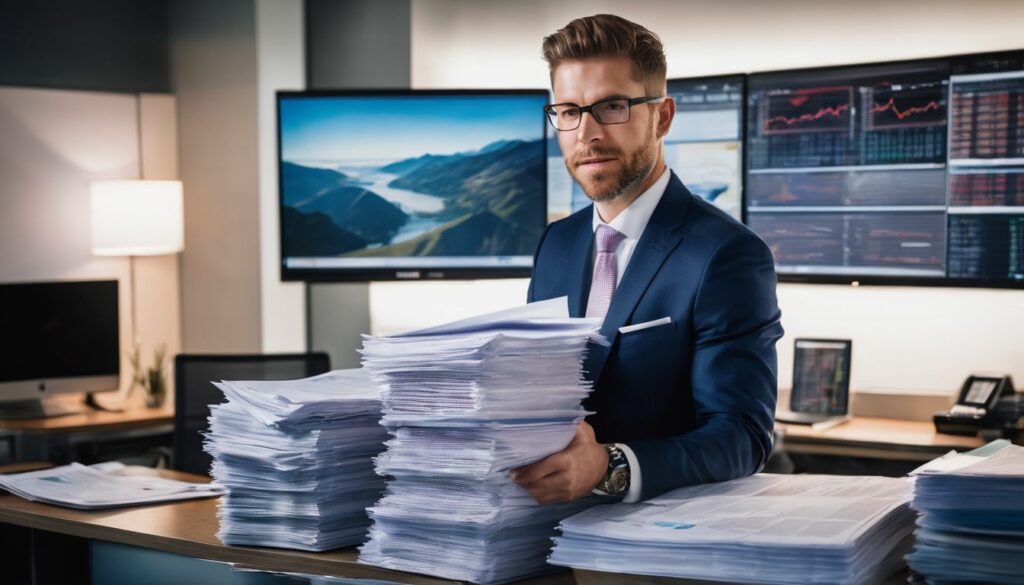 A businessman surrounded by financial charts and documents in a corporate office setting.