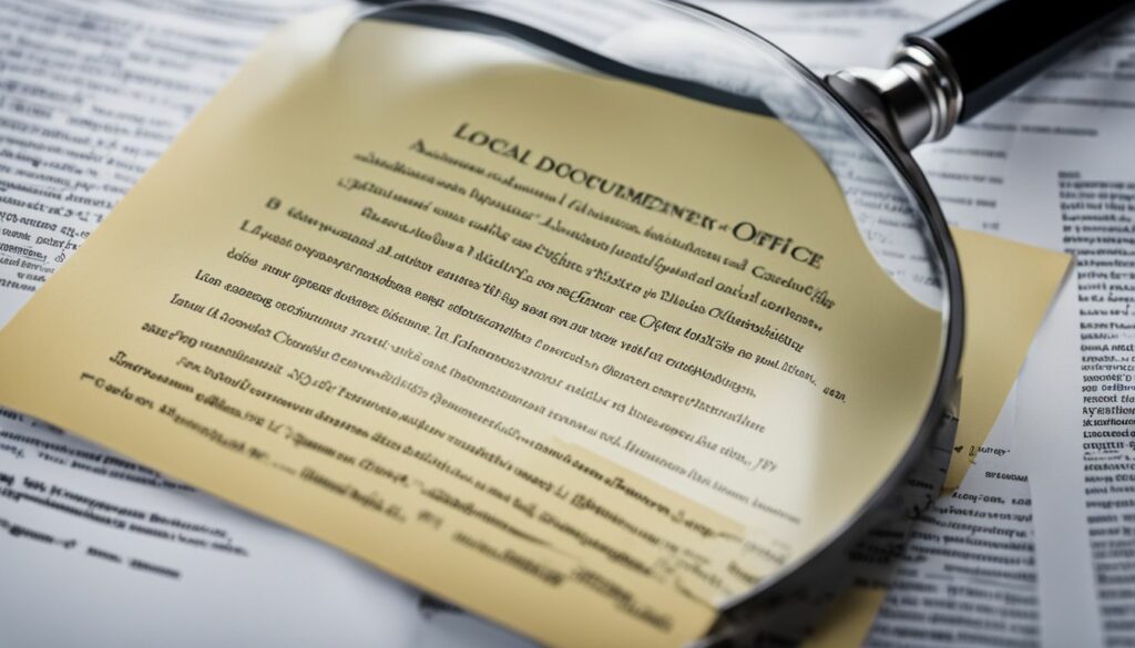 A close-up photo of a legal document being examined by a magnifying glass in a busy law firm office.