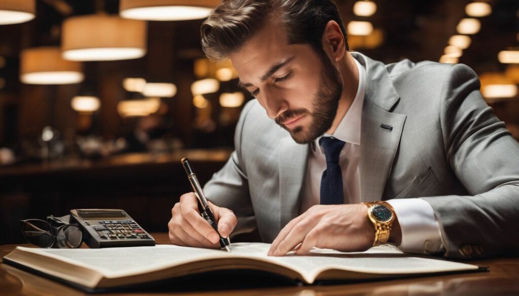 A businessman surrounded by law books and financial charts, with highly detailed features and different hair styles and outfits.