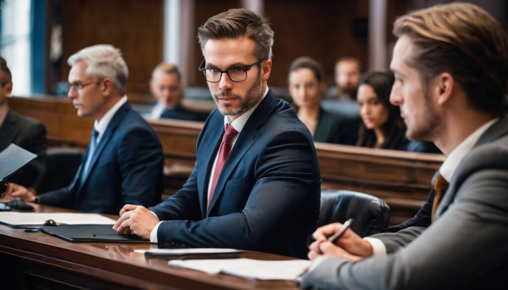 A confident lawyer presenting a case in a modern courtroom, with highly detailed features and a bustling atmosphere.