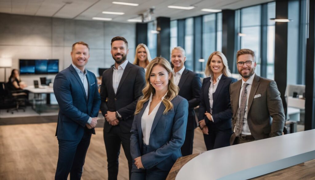 A diverse group of financial advisors in a modern office, captured in a detailed and professional portrait.