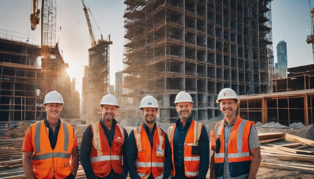 A diverse group of construction workers posing in front of a construction site.