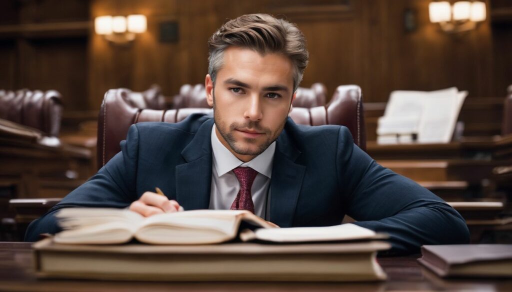 A confident lawyer in a courtroom surrounded by law books and documents, with different faces, hair styles, and outfits.