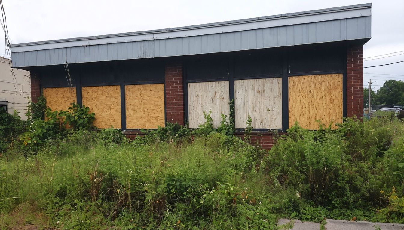 Abandoned office building with boarded-up windows and overgrown weeds. Abandoned office building with boarded-up windows and overgrown weeds.