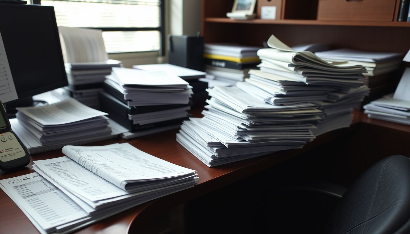 An office desk cluttered with financial documents in natural lighting.