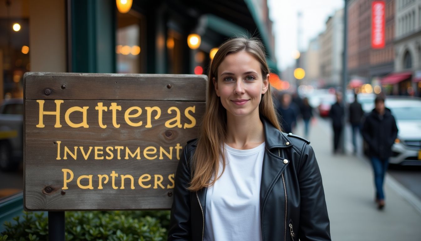 A weathered wooden sign for 'Hatteras Investment Partners' in a city street.