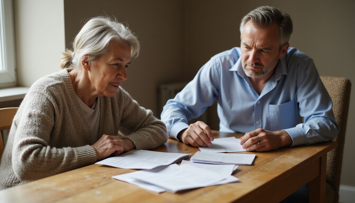 An elderly couple and a financial advisor review financial documents.
