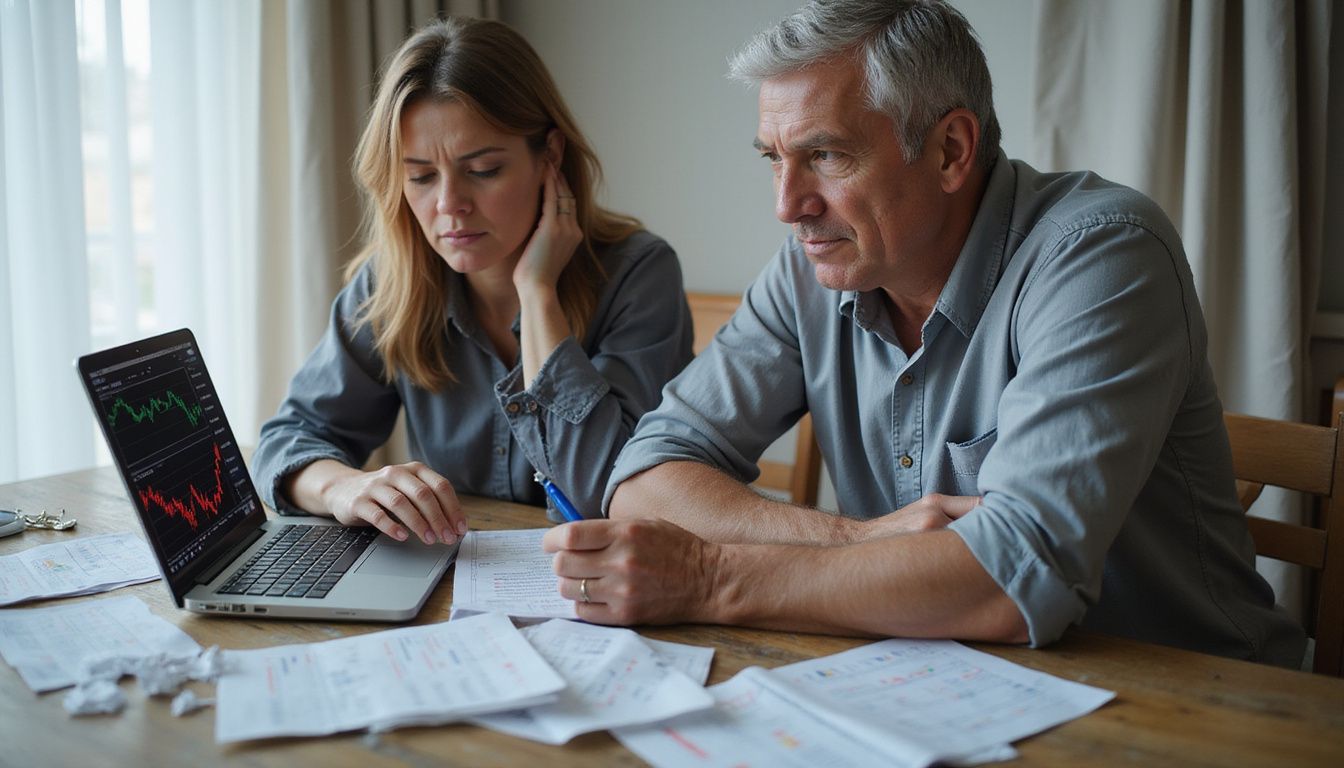A worried couple reviews troubling financial documents at their dining table.