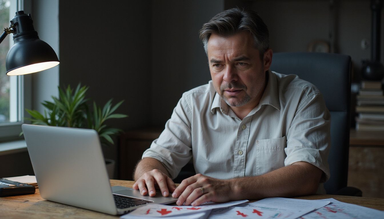 A worried man analyzes financial documents during a market downturn.