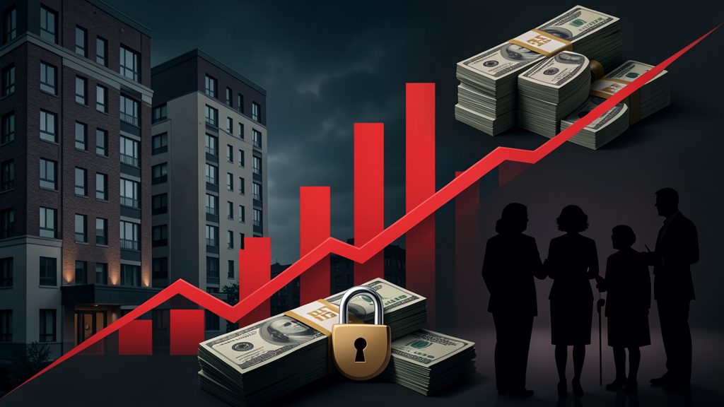 Non-traded REIT retirement risk concept with locked buildings and declining investment charts
