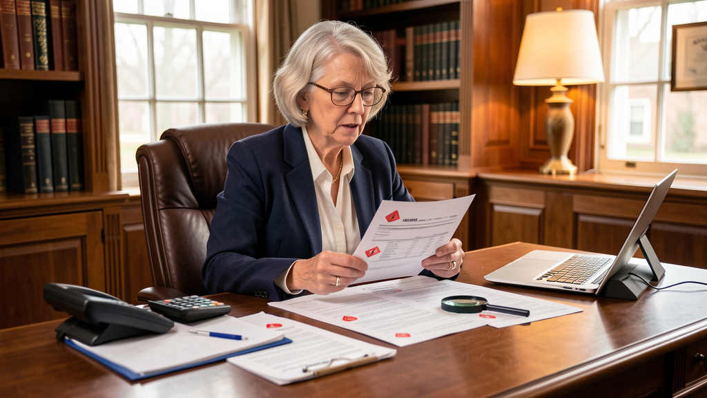 Senior woman and attorney reviewing suspicious brokerage statements for financial fraud investigation
