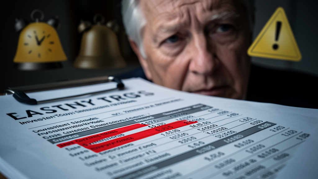 Financial documents with warning signs highlighting suspicious investment trades and red flags
